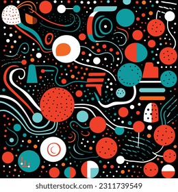 vector illustration of abstract retro colors, in the style of pointillist dots and dashes, black background, curvilinear forms, turquoise and red, Stephen Ormandy, repeating pattern, retro charm