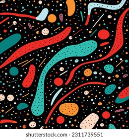 vector illustration of abstract retro colors, in the style of pointillist dots and dashes, black background, curvilinear forms, turquoise and red, Stephen Ormandy, repeating pattern, retro charm