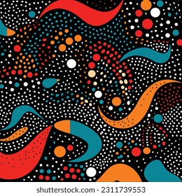 vector illustration of abstract retro colors, in the style of pointillist dots and dashes, black background, curvilinear forms, turquoise and red, Stephen Ormandy, repeating pattern, retro charm