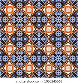 Vector illustration. Abstract retro seamless pattern of geometric shapes. Geometric hipster tiles background. Colorful mosaic backdrop in beige, brown and blue colors.