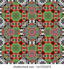 Vector illustration. Abstract retro seamless pattern of geometric shapes. Colorful mosaic backdrop in gray, green and brown colors. Geometric hipster tiles background.