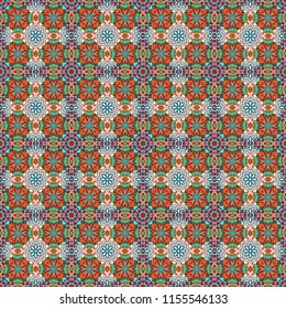 Vector illustration. Abstract retro seamless pattern of geometric shapes. Colorful mosaic backdrop in green, orange and blue colors. Geometric hipster tiles background.