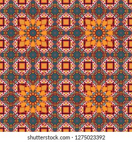 Vector illustration. Abstract retro seamless pattern of geometric shapes. Colorful mosaic backdrop in orange, red and brown colors. Geometric hipster tiles background.