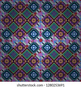 Vector illustration. Abstract retro seamless pattern of geometric shapes. Geometric hipster tiles background. Colorful mosaic backdrop in purple, green and blue colors.