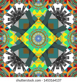 Vector illustration. Abstract retro seamless pattern of geometric shapes. Colorful mosaic backdrop in green, gray and blue colors. Geometric hipster tiles background.