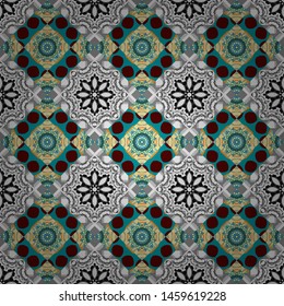 Vector illustration. Abstract retro seamless pattern of geometric shapes. Geometric hipster tiles background. Colorful mosaic backdrop in gray, red and blue colors.