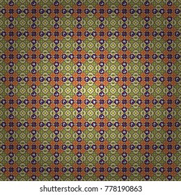 Vector illustration. Abstract retro seamless pattern of geometric shapes. Geometric hipster tiles background. Colorful mosaic backdrop in orange, brown and beige colors.