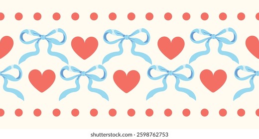 vector illustration of an abstract ribbon background. Trellis seamless pattern with bows, ribbons with hearts. 