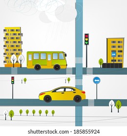 Vector illustration of abstract roads with yellow cars