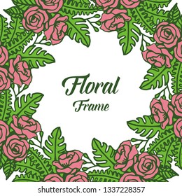 Vector illustration abstract rose wreath frame with green leaves hand drawn