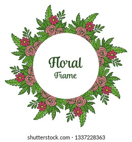 Vector illustration abstract rose wreath frame with green leaves hand drawn