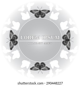 Vector illustration of the abstract round label with decorative and patterned butterflies on the light background. Monochromatic theme