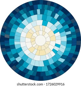 ilustración vectorial, mosaico redondo abstracto de pequeños elementos, formando el sol y el cielo, en azul y amarillo. Para fondos, logotipos, impresiones, patrones y diseño.