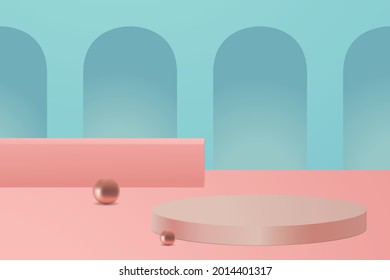 Vektorgrafik mit abstrakter Szene im minimalsten Stil Oval-Produktpodium, rosafarbener Würfel und Goldbälle auf pastellfarbenem türkisfarbenem und rosafarbenem Hintergrund