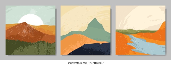 Ilustración vectorial. Resumen de fondo rayado. Arte vintage. Retro gráfico. Diseño de montaña para banner web, plantilla de medios sociales. Ilustración dibujada con pincel. Arte mural. Efecto salpicado de pintura