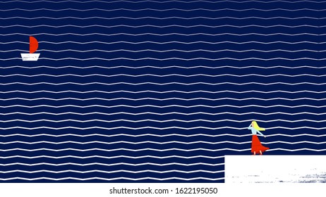 Vector illustration with abstract sea background. Girl stands on the shore and looks at the red sail on the ship. Abstract navy blue sea with zigzag pattern