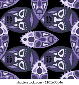 Vector Illustration. Abstract Seamless Background with Ritual Masks for Poster or Banner. Ethnic Seamless Background with Color Trible Ritual Masks for your Design. Vector Texture.