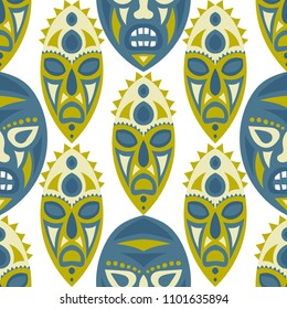 Vector Illustration. Abstract Seamless Background with Ritual Masks for Textile or Paper. Ethnic Seamless Background with Color Trible Ritual Masks for your Design. Vector Texture.