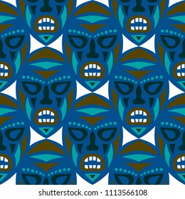 Vector Illustration. Abstract Seamless Background with Ritual Masks for Card or Poster. Ethnic Seamless Pattern with Color Trible Shamanic Masks for your Design. Vector Texture.
