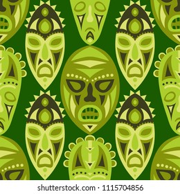 Vector Illustration. Abstract Seamless Background with Ritual Masks for Poster or Banner. Ethnic Seamless Background with Color Trible Ritual Masks for your Design. Vector Texture.