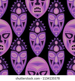 Vector Illustration. Abstract Seamless Background with Ritual Masks for Print or Card. Ethnic Seamless Background with Color Trible Ritual Masks for your Design. Vector Texture.