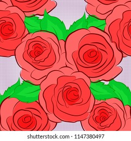 Vector illustration. Abstract seamless background with flying pink, orange and red roses with green leaves. Seamless pattern with pink, orange and red roses.