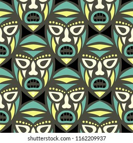 Vector Illustration. Abstract Seamless Background with Ritual Masks for Poster or Banner. Ethnic Seamless Pattern with Color Trible Shamanic Masks for your Design. Vector Texture.