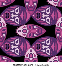 Vector Illustration. Abstract Seamless Background with Ritual Masks for Poster or Banner. Ethnic Seamless Background with Color Trible Ritual Masks for your Design. Vector Texture.