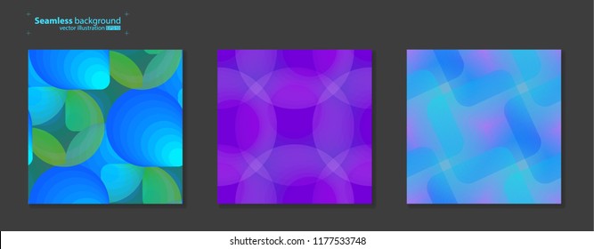 Vector illustration of abstract seamless background. Ornament from the geometric shapes. Bright cool design for packaging. Multicolored gradient with blue, violet and green. Set from three idea.