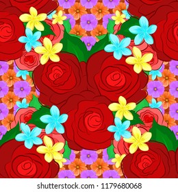 Vector illustration. Abstract seamless background with flying green, orange and red roses with green leaves. Seamless pattern with green, orange and red roses.