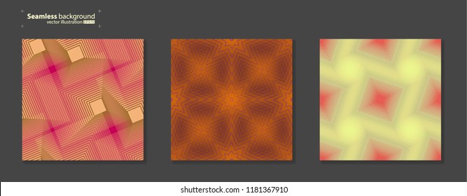 Vector illustration of abstract seamless background. Ornament from the geometric shapes. Bright cool design for packaging. Multicolored gradient with brown, yellow and red. Set from three idea.
