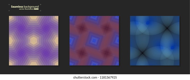 Vector illustration of abstract seamless background. Ornament from the geometric shapes. Bright cool design for packaging. Multicolored gradient with dark blue, yellow and violet. Set from three idea.