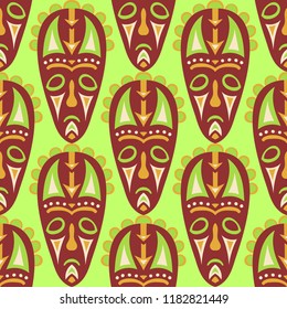 Vector Illustration. Abstract Seamless Background with Ritual Masks for Textile or Paper. Ethnic Seamless Background with Color Trible Ritual Masks for your Design. Vector Texture.