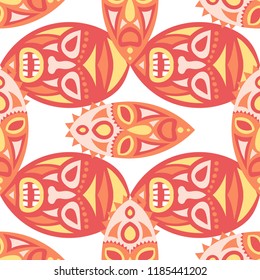 Vector Illustration. Abstract Seamless Background with Ritual Masks for Card or Poster. Ethnic Seamless Pattern with Color Trible Shamanic Masks for your Design. Vector Texture.