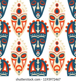Vector Illustration. Abstract Seamless Background with Ritual Masks for Card or Poster. Ethnic Seamless Background with Color Trible Ritual Masks for your Design. Vector Texture.