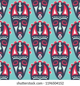 Vector Illustration. Abstract Seamless Background with Ritual Masks for Card or Poster. Ethnic Seamless Pattern with Color Trible Shamanic Masks for your Design. Vector Texture.