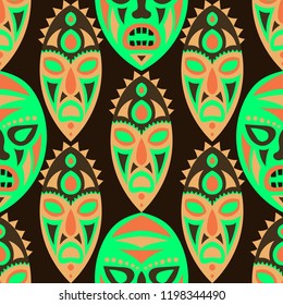 Vector Illustration. Abstract Seamless Background with Ritual Masks for Card or Poster. Ethnic Seamless Background with Color Trible Ritual Masks for your Design. Vector Texture.