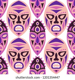 Vector Illustration. Abstract Seamless Background with Ritual Masks for Textile or Paper. Ethnic Seamless Pattern with Color Trible Shamanic Masks for your Design. Vector Texture.