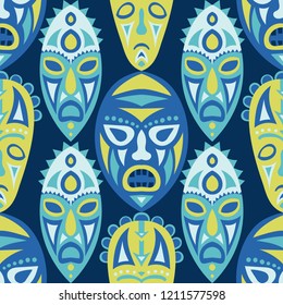 Vector Illustration. Abstract Seamless Background with Ritual Masks for Textile or Paper. Ethnic Seamless Pattern with Color Trible Shamanic Masks for your Design. Vector Texture.
