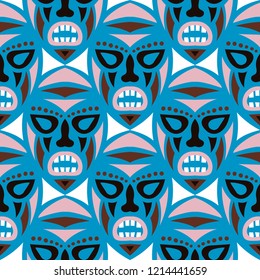 Vector Illustration. Abstract Seamless Background with Ritual Masks for Print or Card. Ethnic Seamless Pattern with Color Trible Shamanic Masks for your Design. Vector Texture.
