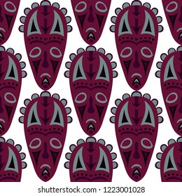 Vector Illustration. Abstract Seamless Background with Ritual Masks for Poster or Banner. Ethnic Seamless Background with Color Trible Ritual Masks for your Design. Vector Texture.
