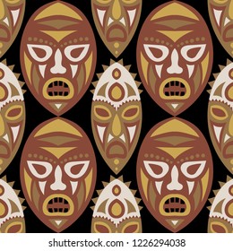 Vector Illustration. Abstract Seamless Background with Ritual Masks for Poster or Banner. Ethnic Seamless Background with Color Trible Ritual Masks for your Design. Vector Texture.
