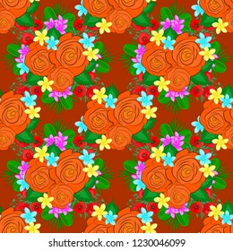 Vector illustration. Abstract seamless background with flying green, red and orange roses and green leaves. Seamless pattern with green, red and orange roses.