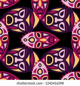 Vector Illustration. Abstract Seamless Background with Ritual Masks for Card or Poster. Ethnic Seamless Pattern with Color Trible Shamanic Masks for your Design. Vector Texture.