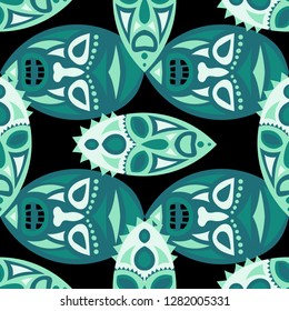 Vector Illustration. Abstract Seamless Background with Ritual Masks for Card or Poster. Ethnic Seamless Pattern with Color Trible Shamanic Masks for your Design. Vector Texture.
