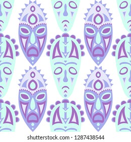Vector Illustration. Abstract Seamless Background with Ritual Masks for Poster or Banner. Ethnic Seamless Background with Color Trible Ritual Masks for your Design. Vector Texture.
