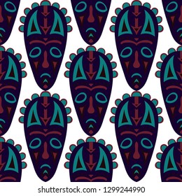 Vector Illustration. Abstract Seamless Background with Ritual Masks for Textile or Paper. Ethnic Seamless Background with Color Trible Ritual Masks for your Design. Vector Texture.