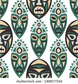Vector Illustration. Abstract Seamless Background with Ritual Masks for Textile or Paper. Ethnic Seamless Pattern with Color Trible Shamanic Masks for your Design. Vector Texture.
