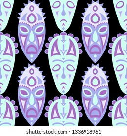 Vector Illustration. Abstract Seamless Background with Ritual Masks for Textile or Paper. Ethnic Seamless Pattern with Color Trible Shamanic Masks for your Design. Vector Texture.