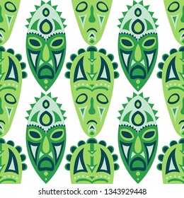 Vector Illustration. Abstract Seamless Background with Ritual Masks for Textile or Paper. Ethnic Seamless Background with Color Trible Ritual Masks for your Design. Vector Texture.